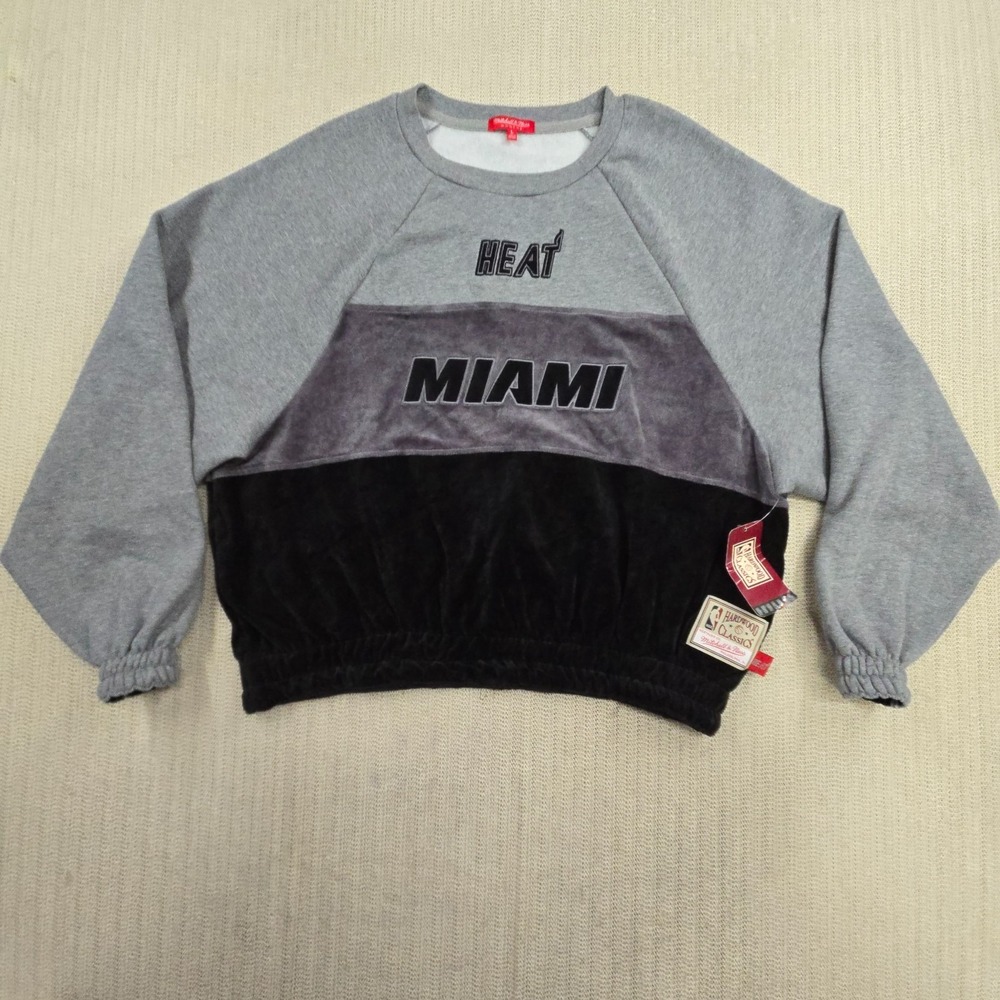 Mitchell & Ness Miami Heat Sweatshirt Womens‎ Large Gray Pullover Velour Fleece
